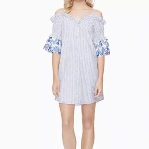 Parker Blue White Multi-Stripe Embroidered Off the Shoulder Dress size XS